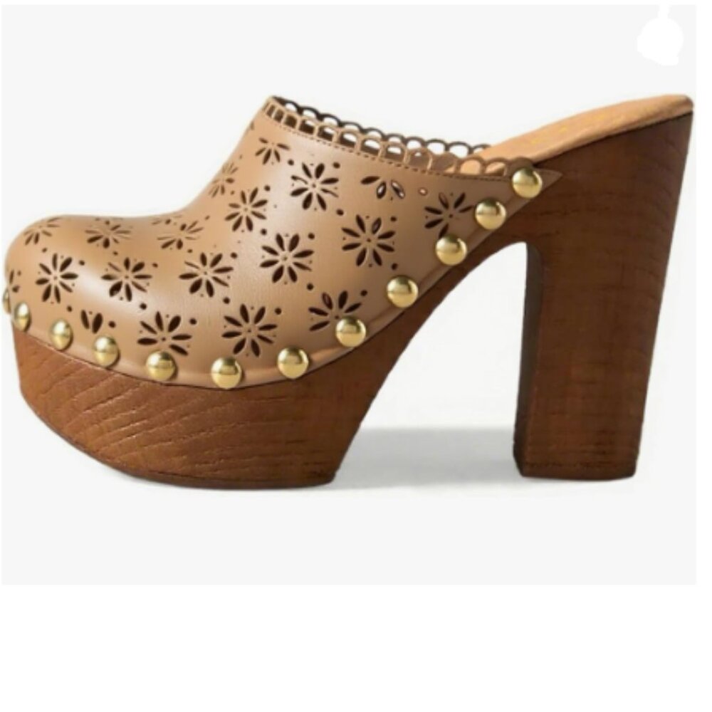 FOWT Apricot Leather Studded Round Toe Floral Cut Out Platform Chunky Heel Mules